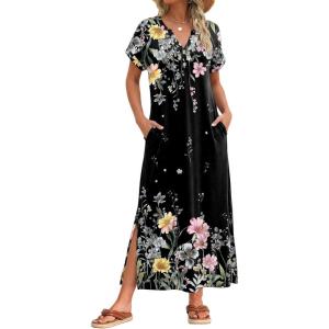 image:imageZeagoo Summer Dresses for Women 2026 Maxi Dresses Vacation Sundress Short Sleeve Casual Sundresses Split Dress with PocketsFloralwf120