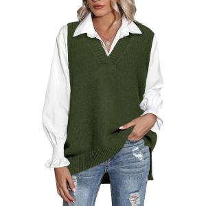 image:imageZeagoo Sweater Vest Women Sleeveless V Neck Oversized Pullover Knitted Tops 2026 Fall OutfitsArmy Green