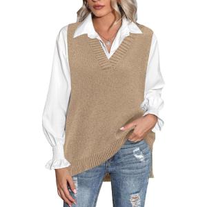 image:imageZeagoo Sweater Vest Women Sleeveless V Neck Oversized Pullover Knitted Tops 2026 Fall OutfitsCamel