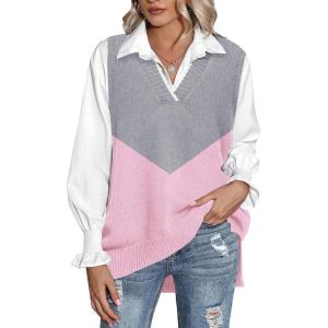 image:imageZeagoo Sweater Vest Women Sleeveless V Neck Oversized Pullover Knitted Tops 2026 Fall OutfitsColor Block Pink