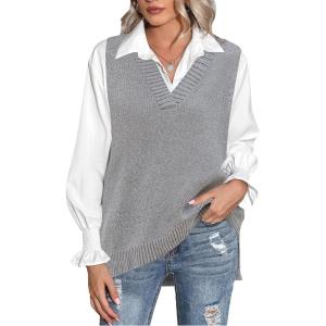 image:imageZeagoo Sweater Vest Women Sleeveless V Neck Oversized Pullover Knitted Tops 2026 Fall OutfitsGrey