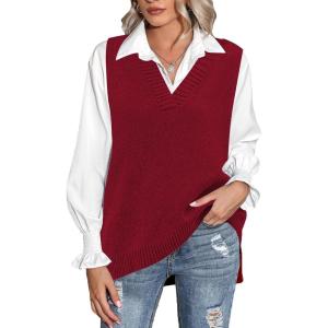 image:imageZeagoo Sweater Vest Women Sleeveless V Neck Oversized Pullover Knitted Tops 2026 Fall OutfitsWine Red
