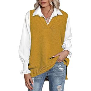 image:imageZeagoo Sweater Vest Women Sleeveless V Neck Oversized Pullover Knitted Tops 2026 Fall OutfitsYellow