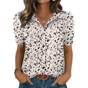 image:imageZeagoo Women Button Down Shirts Puff Short Sleeve Blouses Chiffon Tops Business Casual Outfits Summer ClothesApricotan443