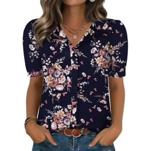 image:imageZeagoo Women Button Down Shirts Puff Short Sleeve Blouses Chiffon Tops Business Casual Outfits Summer ClothesBlack Pink Flowersbf332