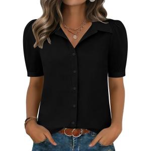 image:imageZeagoo Women Button Down Shirts Puff Short Sleeve Blouses Chiffon Tops Business Casual Outfits Summer ClothesBlackb