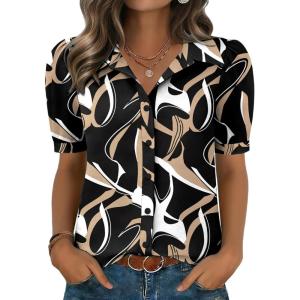 image:imageZeagoo Women Button Down Shirts Puff Short Sleeve Blouses Chiffon Tops Business Casual Outfits Summer ClothesBlackcx312