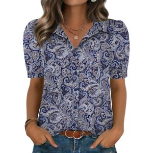 image:imageZeagoo Women Button Down Shirts Puff Short Sleeve Blouses Chiffon Tops Business Casual Outfits Summer ClothesBohemiamz473