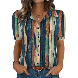 image:imageZeagoo Women Button Down Shirts Puff Short Sleeve Blouses Chiffon Tops Business Casual Outfits Summer ClothesMulticolorcx289