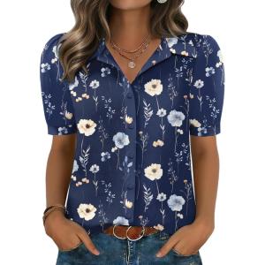 image:imageZeagoo Women Button Down Shirts Puff Short Sleeve Blouses Chiffon Tops Business Casual Outfits Summer ClothesNavy Flowersbf318