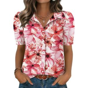 image:imageZeagoo Women Button Down Shirts Puff Short Sleeve Blouses Chiffon Tops Business Casual Outfits Summer ClothesPink Flowerswf97