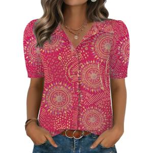 image:imageZeagoo Women Button Down Shirts Puff Short Sleeve Blouses Chiffon Tops Business Casual Outfits Summer ClothesPinkcx320
