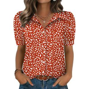 image:imageZeagoo Women Button Down Shirts Puff Short Sleeve Blouses Chiffon Tops Business Casual Outfits Summer ClothesRed Dotjh590