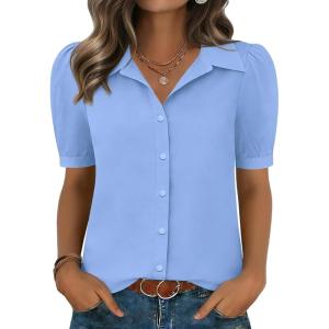 image:imageZeagoo Women Button Down Shirts Puff Short Sleeve Blouses Chiffon Tops Business Casual Outfits Summer ClothesSky Blueclb