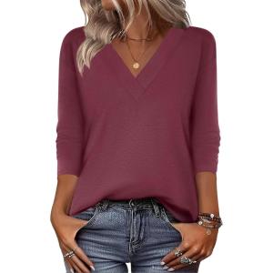 image:imageZeagoo Women Long Sleeve Tops Dressy Casual V Neck Tshirts Basics Tee 2025 Fall Trendy Clothes S2XLWine Red