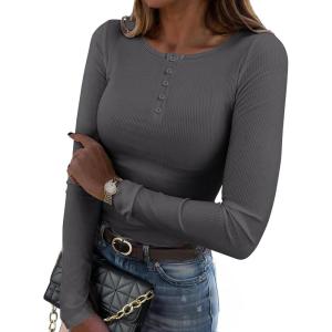 image:imageZeagoo Womens 2025 Summer Fall Long Sleeve Henley T Shirts Button Ribbed Knit Slim Fit Casual Basic Tops BlouseDeep Grey