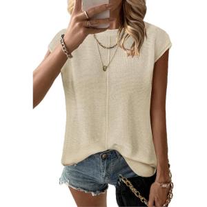 image:imageZeagoo Womens Cap Sleeve Sweater Vest Crew Neck Sleeveless Casual Knit Tops 2024 Summer Clothes SXXLCream