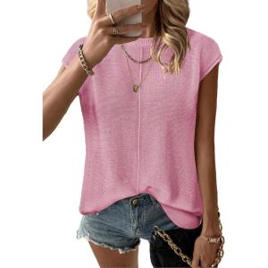 image:imageZeagoo Womens Cap Sleeve Sweater Vest Crew Neck Sleeveless Casual Knit Tops 2024 Summer Clothes SXXLPink