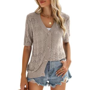 image:imageZeagoo Womens Short Sleeve 2026 Summer Crochet Cropped Cardigan V Neck Button up Bolero Shrug SweaterBeige