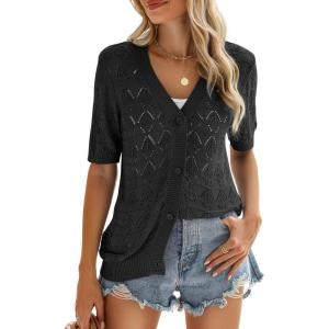 image:imageZeagoo Womens Short Sleeve 2026 Summer Crochet Cropped Cardigan V Neck Button up Bolero Shrug SweaterBlack