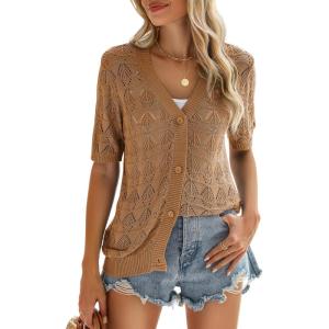 image:imageZeagoo Womens Short Sleeve 2026 Summer Crochet Cropped Cardigan V Neck Button up Bolero Shrug SweaterBrown
