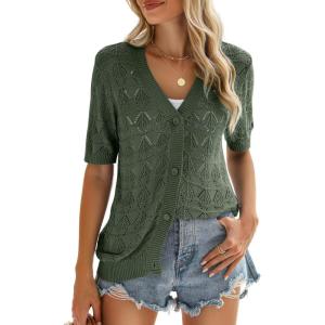 image:imageZeagoo Womens Short Sleeve 2026 Summer Crochet Cropped Cardigan V Neck Button up Bolero Shrug SweaterGreen