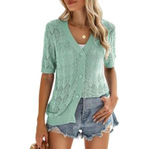 image:imageZeagoo Womens Short Sleeve 2026 Summer Crochet Cropped Cardigan V Neck Button up Bolero Shrug SweaterMint Green