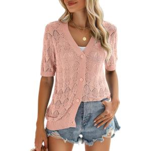 image:imageZeagoo Womens Short Sleeve 2026 Summer Crochet Cropped Cardigan V Neck Button up Bolero Shrug SweaterPink