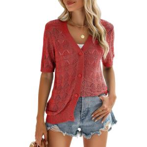 image:imageZeagoo Womens Short Sleeve 2026 Summer Crochet Cropped Cardigan V Neck Button up Bolero Shrug SweaterRed