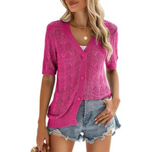 image:imageZeagoo Womens Short Sleeve 2026 Summer Crochet Cropped Cardigan V Neck Button up Bolero Shrug SweaterRose