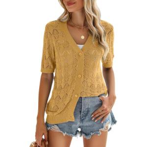 image:imageZeagoo Womens Short Sleeve 2026 Summer Crochet Cropped Cardigan V Neck Button up Bolero Shrug SweaterYellow