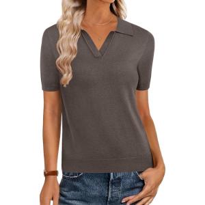 image:imageZeagoo Womens Short Sleeve Polo Sweater V Neck Knitted Spring Casual Work Tops Loose Pullover ShirtBrown