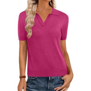 image:imageZeagoo Womens Short Sleeve Polo Sweater V Neck Knitted Spring Casual Work Tops Loose Pullover ShirtHot Pink