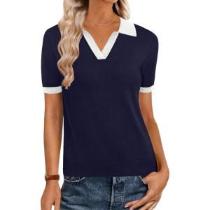 image:imageZeagoo Womens Short Sleeve Polo Sweater V Neck Knitted Spring Casual Work Tops Loose Pullover ShirtNavy White