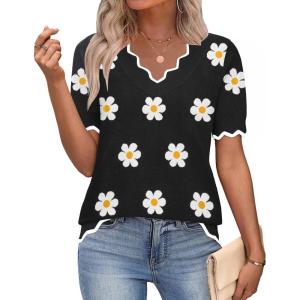 image:imageZeagoo Womens Short Sleeve Sweater 2026 Spring Summer V Neck Lightweight Tops Dressy Blouses Business Casual OutfitsAflower Black