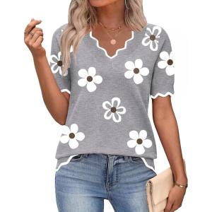 image:imageZeagoo Womens Short Sleeve Sweater 2026 Spring Summer V Neck Lightweight Tops Dressy Blouses Business Casual OutfitsAflower Grey