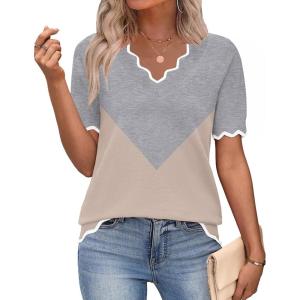 image:imageZeagoo Womens Short Sleeve Sweater 2026 Spring Summer V Neck Lightweight Tops Dressy Blouses Business Casual OutfitsAgreykhaki