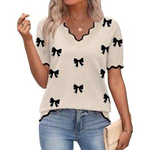 image:imageZeagoo Womens Short Sleeve Sweater 2026 Spring Summer V Neck Lightweight Tops Dressy Blouses Business Casual OutfitsAkhaki Bow