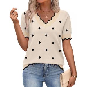 image:imageZeagoo Womens Short Sleeve Sweater 2026 Spring Summer V Neck Lightweight Tops Dressy Blouses Business Casual OutfitsAkhaki Polka Dot