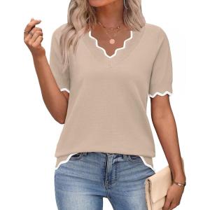 image:imageZeagoo Womens Short Sleeve Sweater 2026 Spring Summer V Neck Lightweight Tops Dressy Blouses Business Casual OutfitsApricot