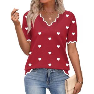 image:imageZeagoo Womens Short Sleeve Sweater 2026 Spring Summer V Neck Lightweight Tops Dressy Blouses Business Casual OutfitsAred White Heart