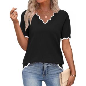 image:imageZeagoo Womens Short Sleeve Sweater 2026 Spring Summer V Neck Lightweight Tops Dressy Blouses Business Casual OutfitsBlack