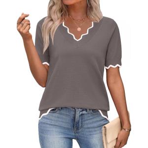 image:imageZeagoo Womens Short Sleeve Sweater 2026 Spring Summer V Neck Lightweight Tops Dressy Blouses Business Casual OutfitsBrown