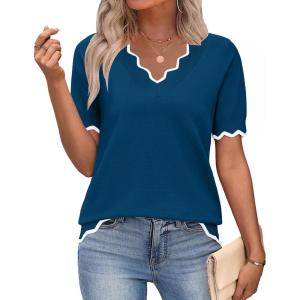 image:imageZeagoo Womens Short Sleeve Sweater 2026 Spring Summer V Neck Lightweight Tops Dressy Blouses Business Casual OutfitsDark Blue