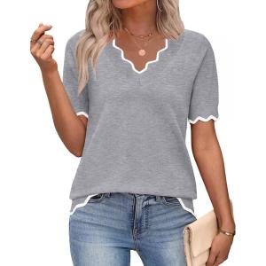 image:imageZeagoo Womens Short Sleeve Sweater 2026 Spring Summer V Neck Lightweight Tops Dressy Blouses Business Casual OutfitsGrey
