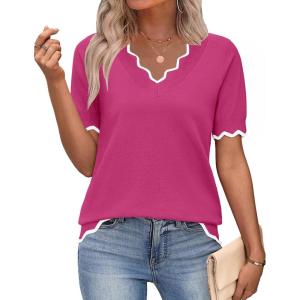 image:imageZeagoo Womens Short Sleeve Sweater 2026 Spring Summer V Neck Lightweight Tops Dressy Blouses Business Casual OutfitsHot Pink