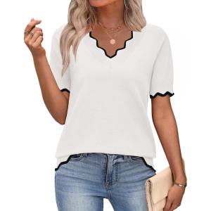 image:imageZeagoo Womens Short Sleeve Sweater 2026 Spring Summer V Neck Lightweight Tops Dressy Blouses Business Casual OutfitsWhite