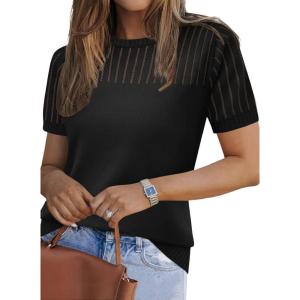 image:imageZeagoo Womens Short Sleeve Sweater Tops 2026 Spring Summer Crew Neck Hollow Out Blouses Dressy Business Casual OutfitsBlack