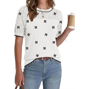 image:imageZeagoo Womens Short Sleeve Sweater Tops 2026 Spring Summer Crew Neck Hollow Out Blouses Dressy Business Casual OutfitsBlack Flower