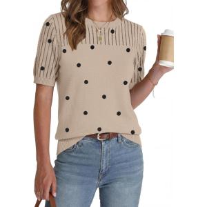 image:imageZeagoo Womens Short Sleeve Sweater Tops 2026 Spring Summer Crew Neck Hollow Out Blouses Dressy Business Casual OutfitsBlack Polka Dots